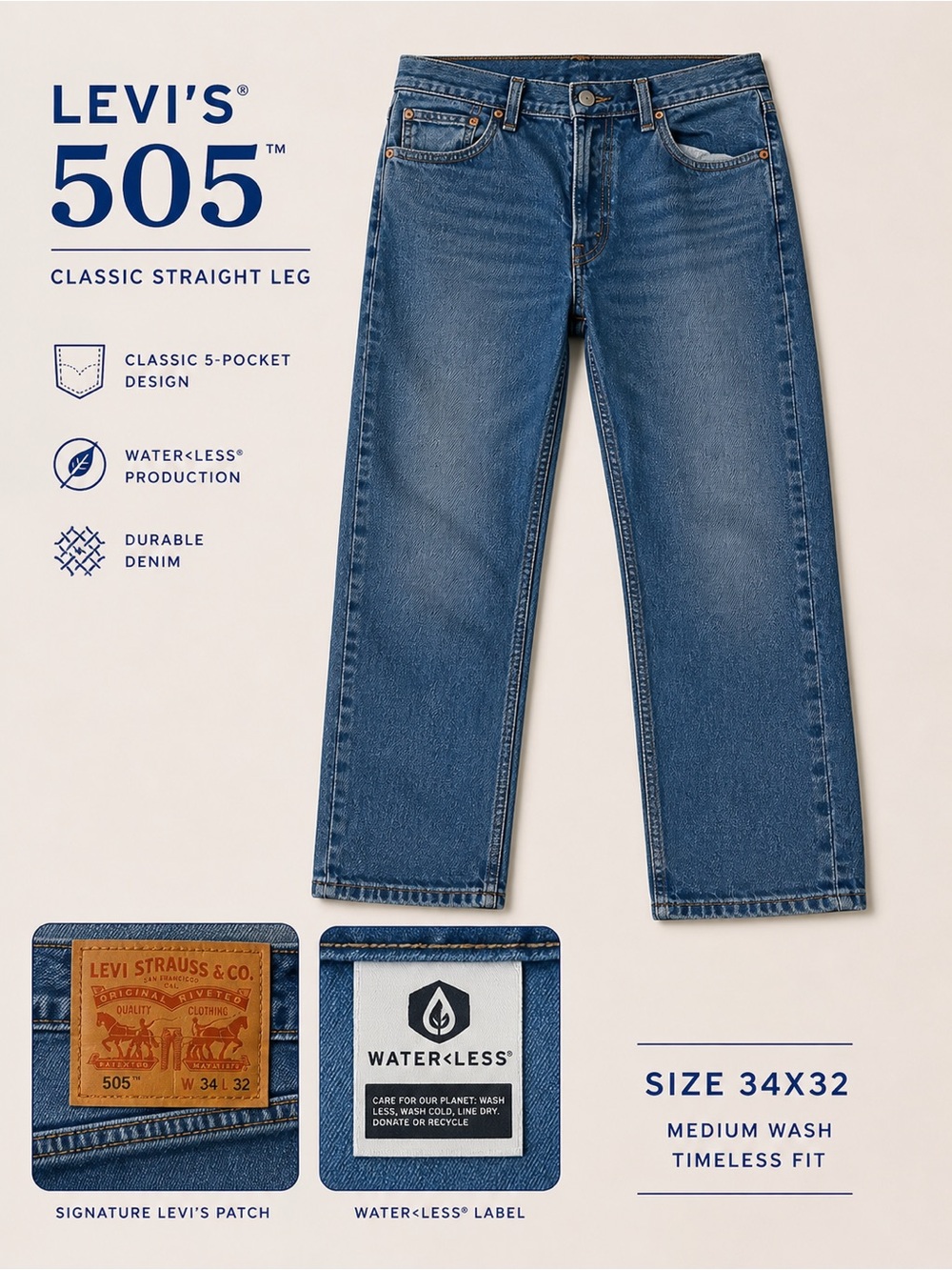 Levi’s 505‎ Jeans Men’s 34x32 Medium Dark Wash Straight Leg Classic Fit Denim